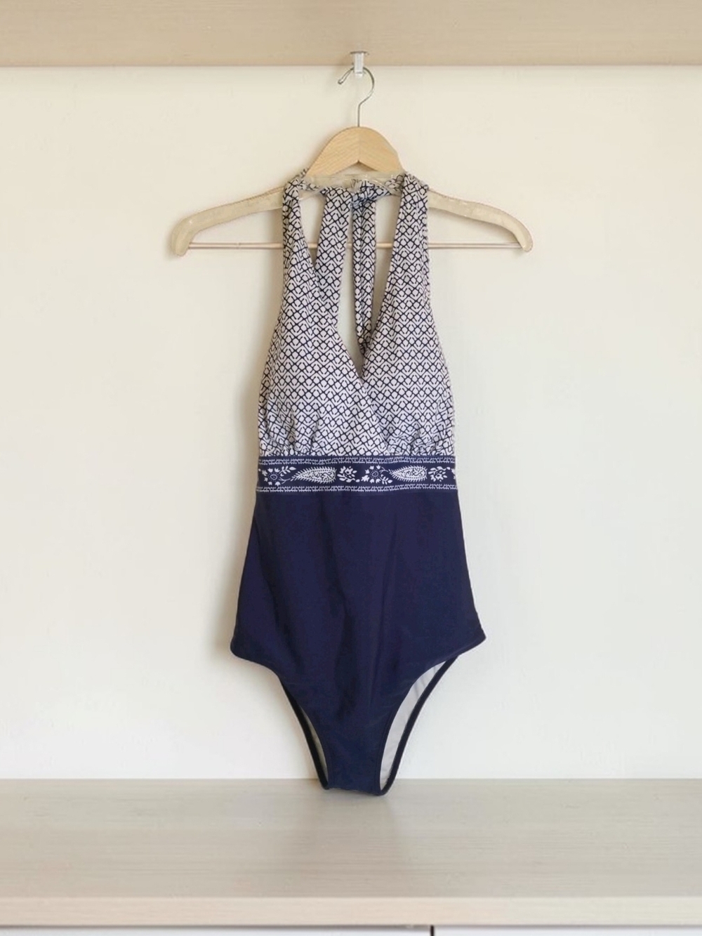Shein Women's Plus One-Piece Swimsuit Halter Top Blue & White 0XL